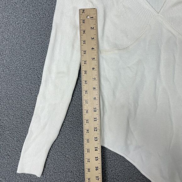Abercrombie & Fitch off white Knit Ribbed Bodysuit Size L Long Sleeve V-Neck - Picture 3 of 8